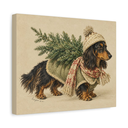 Christmas Dachshund Carrying Tree Canvas Wall Art
