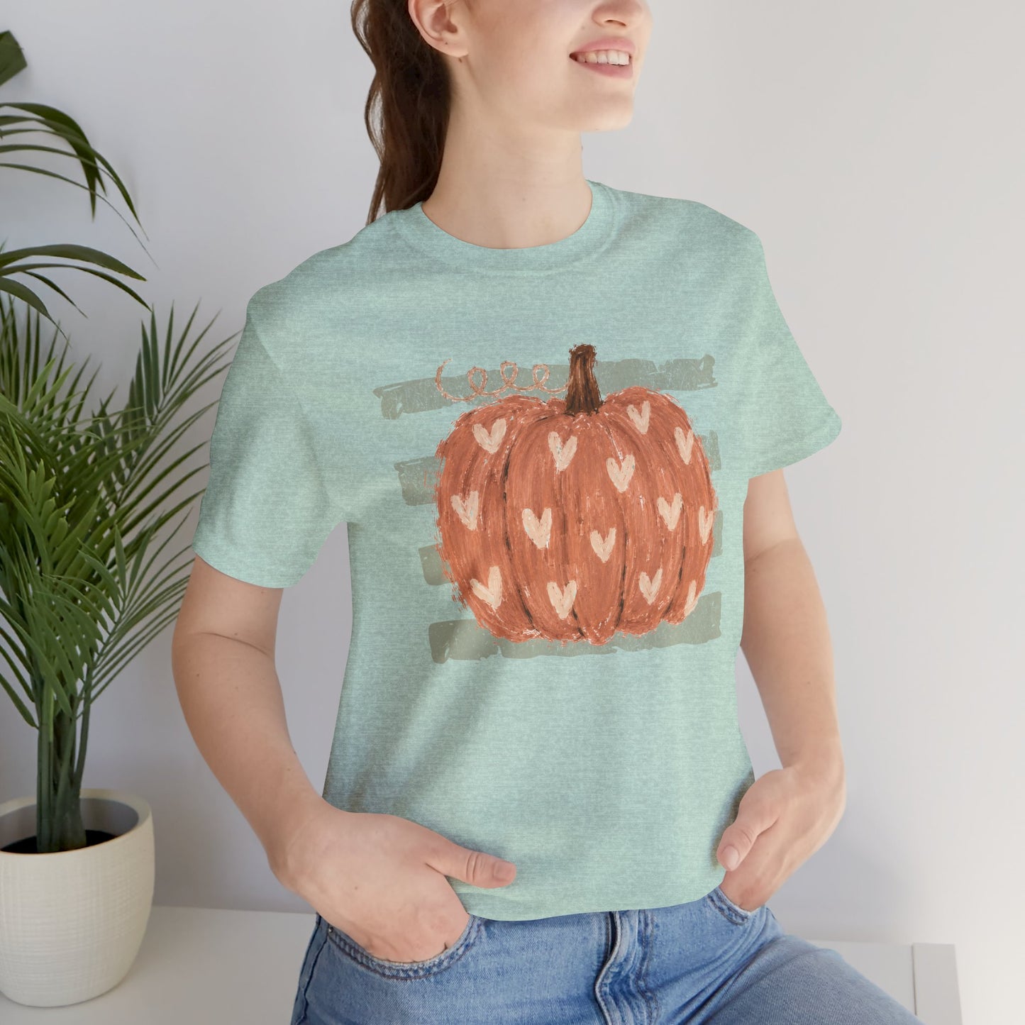 Pumpkin Heart Tee — Rustic Green Striped Autumn Pumpkin T‑Shirt