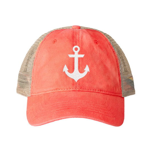 White Anchor Embroidered Women's Washed Mesh-Back Ball Cap