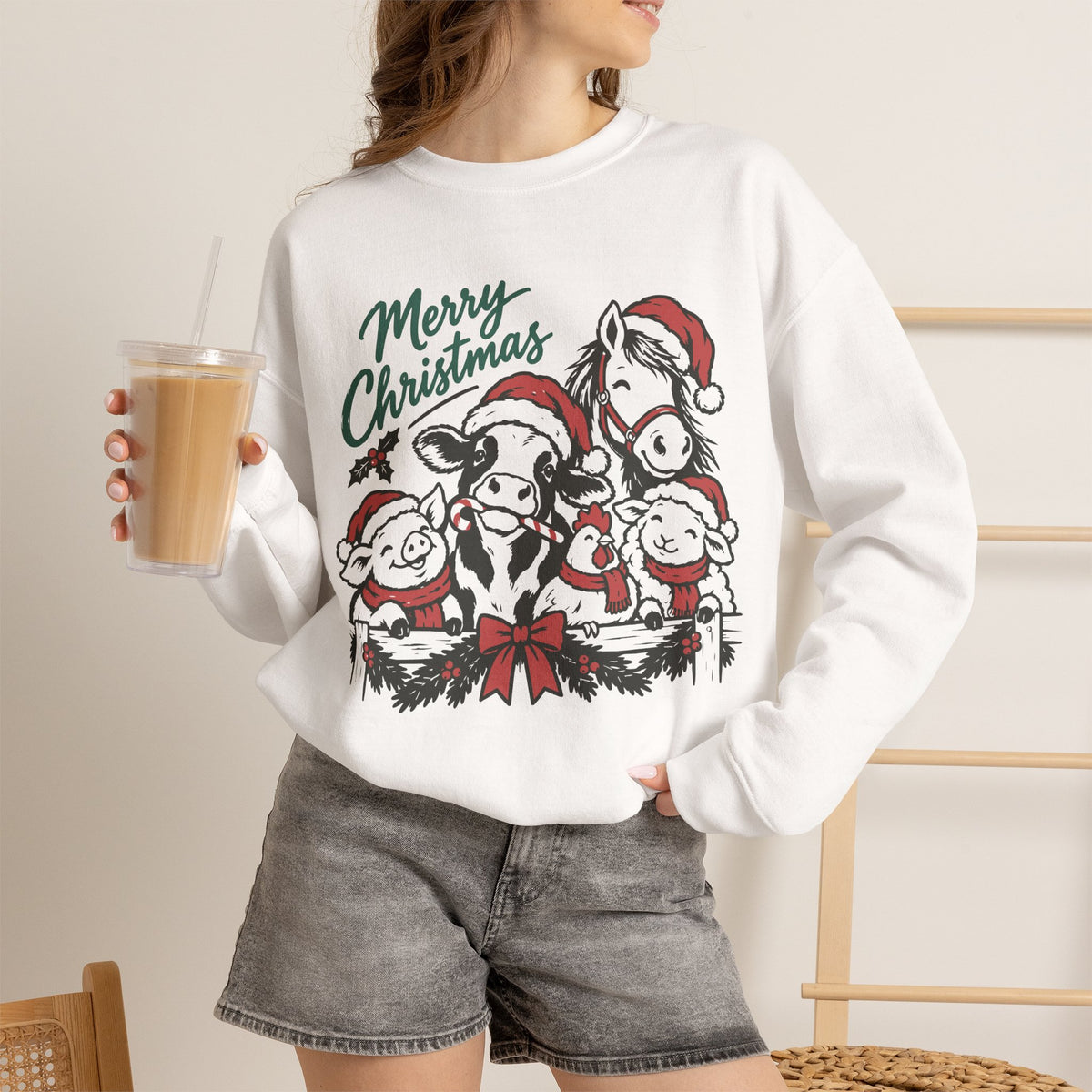 Merry Christmas Vintage Farm Animals Crewneck Sweatshirt