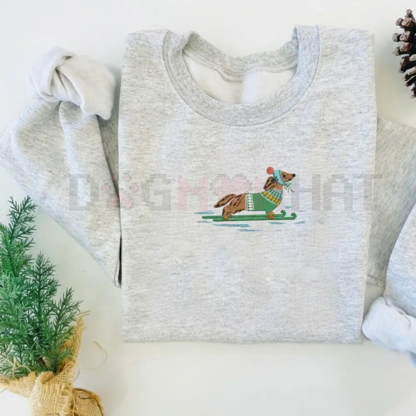Dachshund on Skis Embroidered Sweatshirt – Funny Christmas Dog Crewneck
