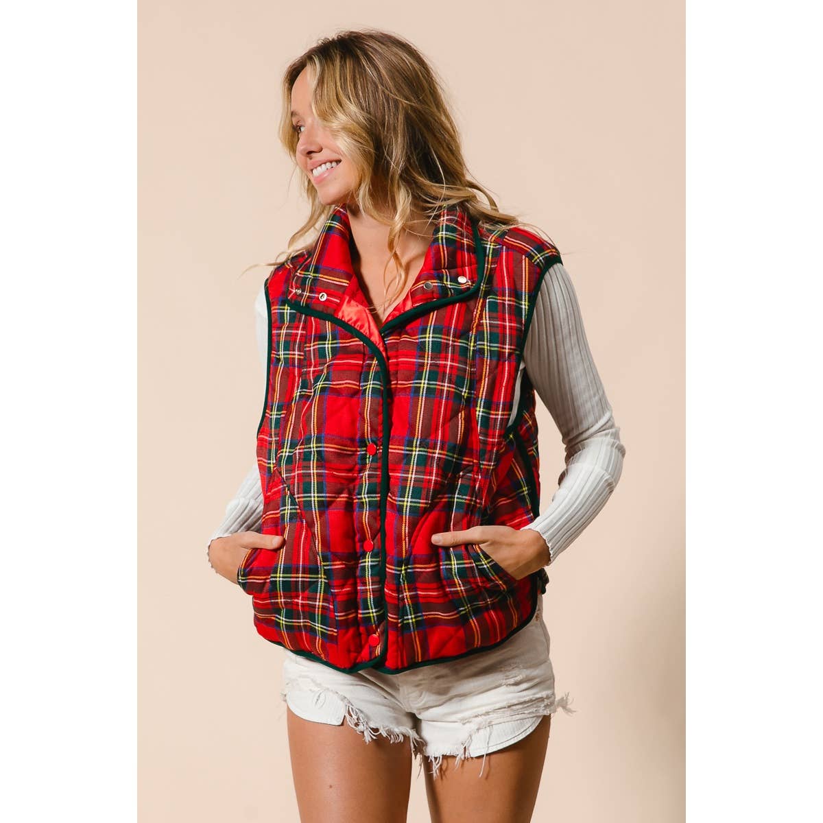 BiBi Vintage Christmas Puff Plaid Quilted Vest