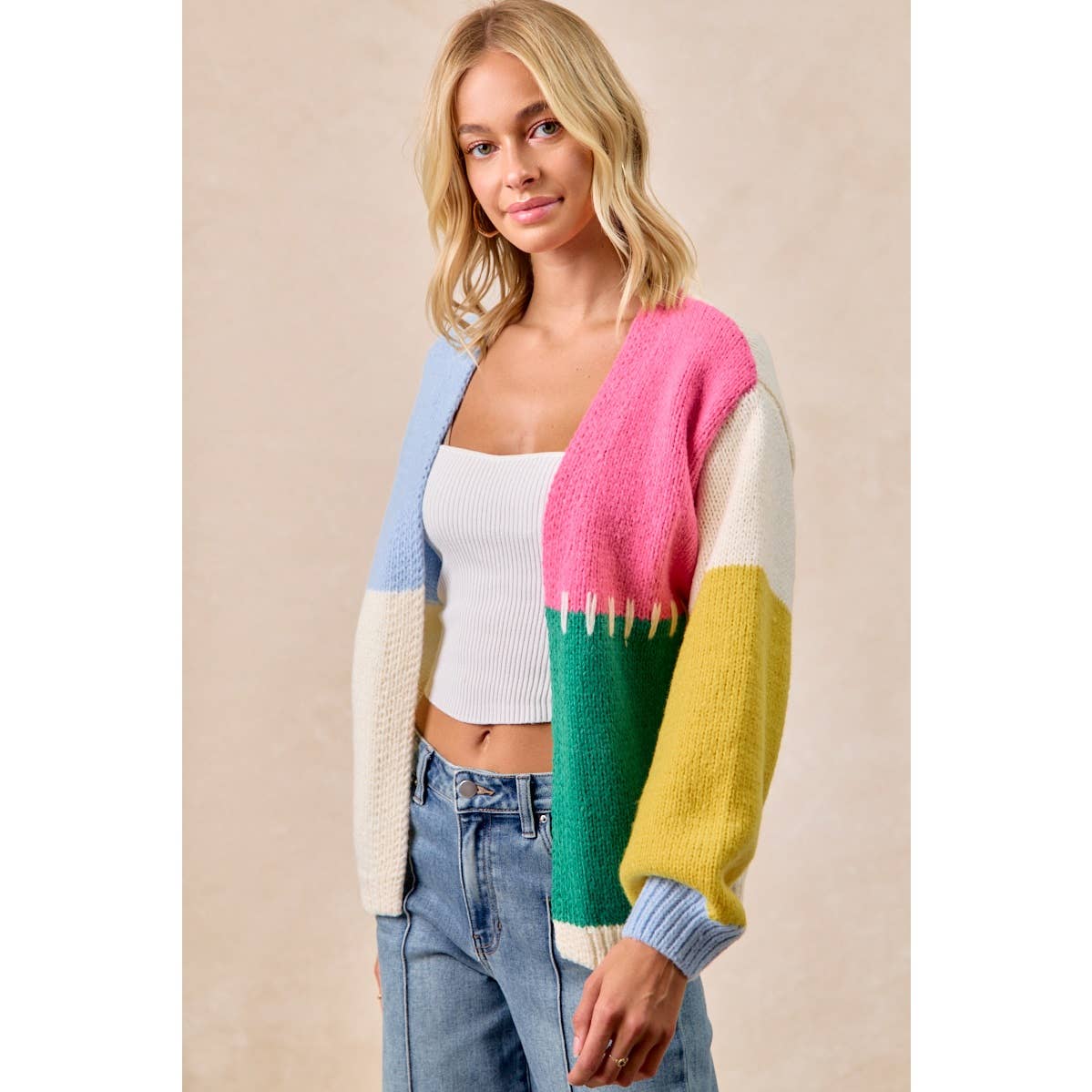BiBi Color Block Sweater Open Cardigan
