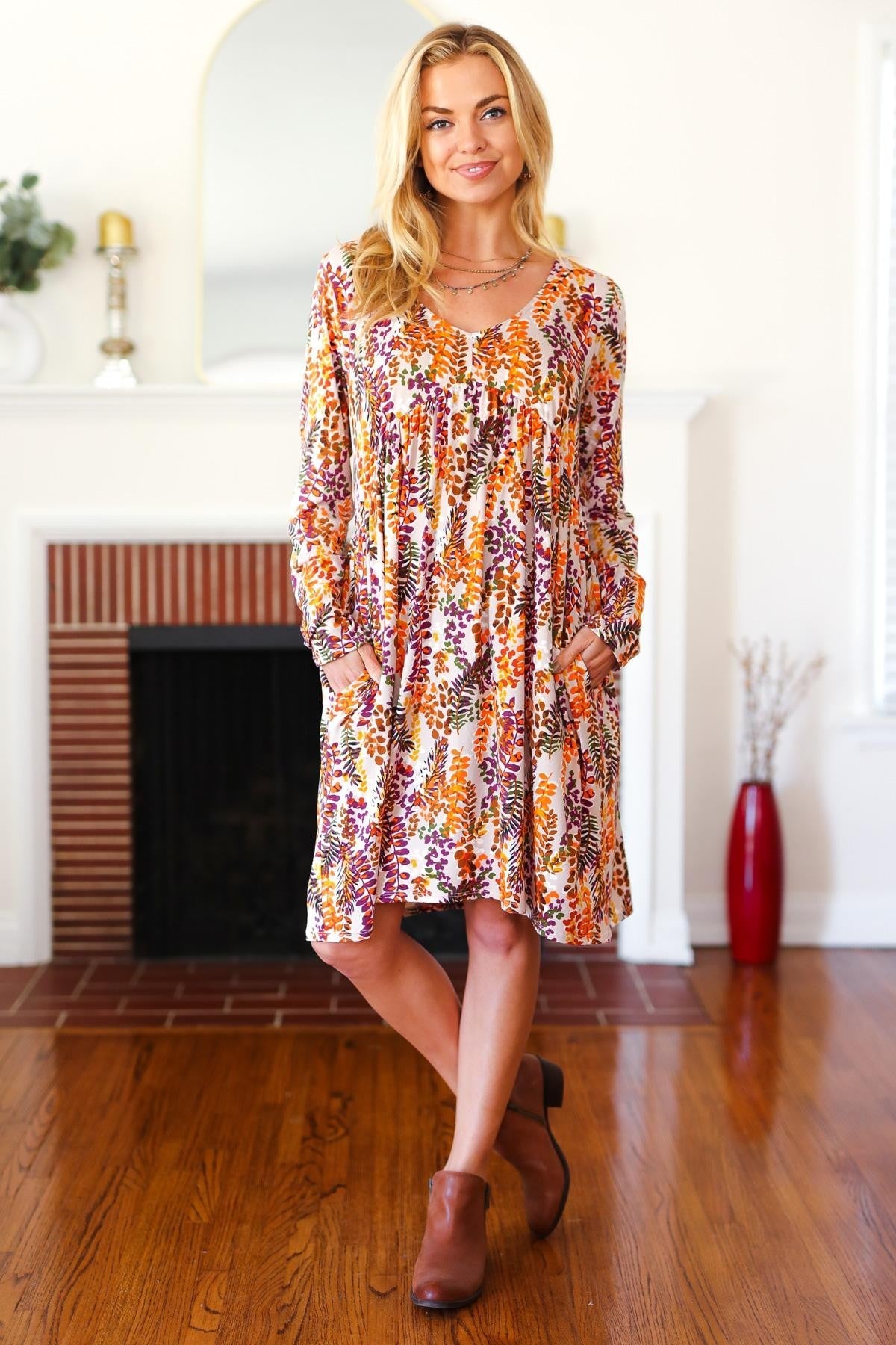 Bambi Babydoll Floral Knee Length Dress with Pockets in Taupe Rust