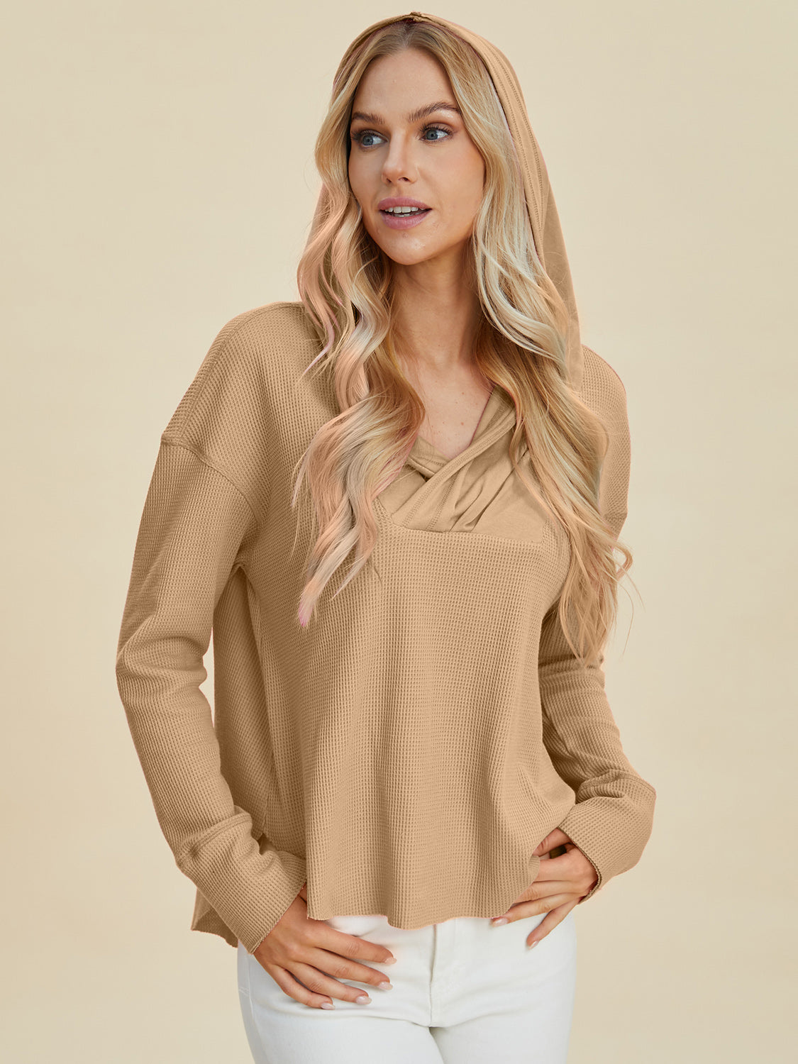 Double Take Full Size High-Low Dropped Shoulder Long Sleeve Hoodie - Multiple Colors