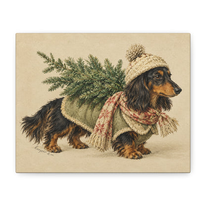 Christmas Dachshund Carrying Tree Canvas Wall Art
