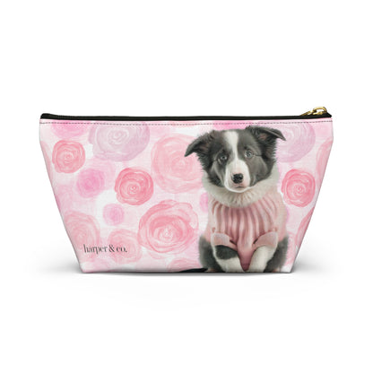 Border Collie & Pink Roses Accessory Pouch w T-bottom