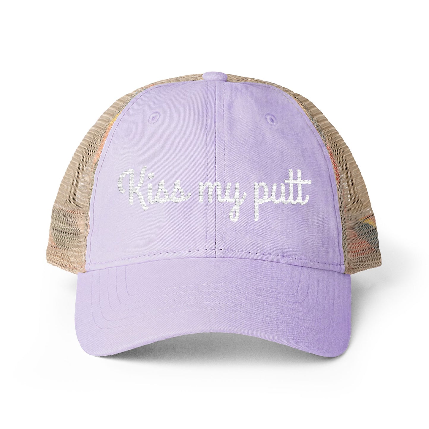 Kiss My Putt Embroidered Women's Washed Mesh-Back Ball Cap