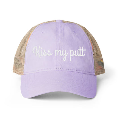 Kiss My Putt Embroidered Women's Washed Mesh-Back Ball Cap