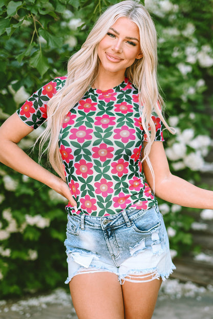 Fiery Red Retro Floral Print Crew Neck Mesh T Shirt