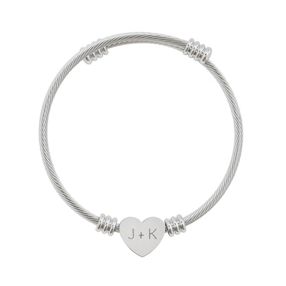 Engravable Heart Cuff Bracelet — Personalized Initials Cable Bangle (Silver or Gold)