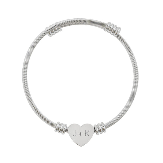 Engravable Heart Cuff Bracelet — Personalized Initials Cable Bangle (Silver or Gold)