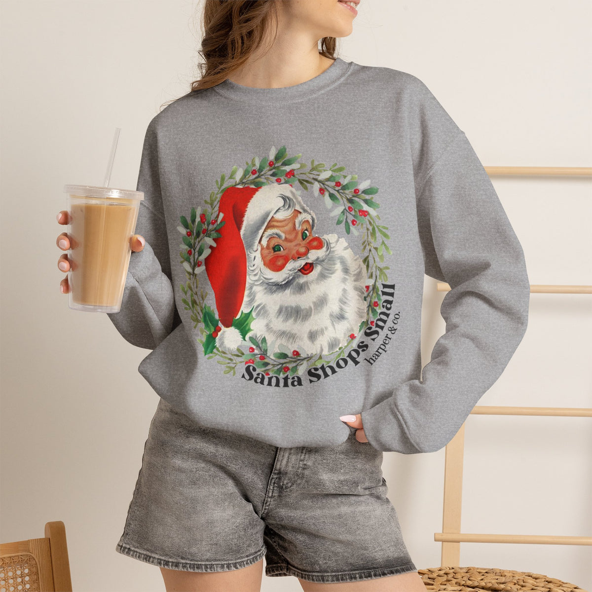 Santa Shops Here Sweatshirt — Vintage Santa Wreath Christmas Heavy Weight Crewneck