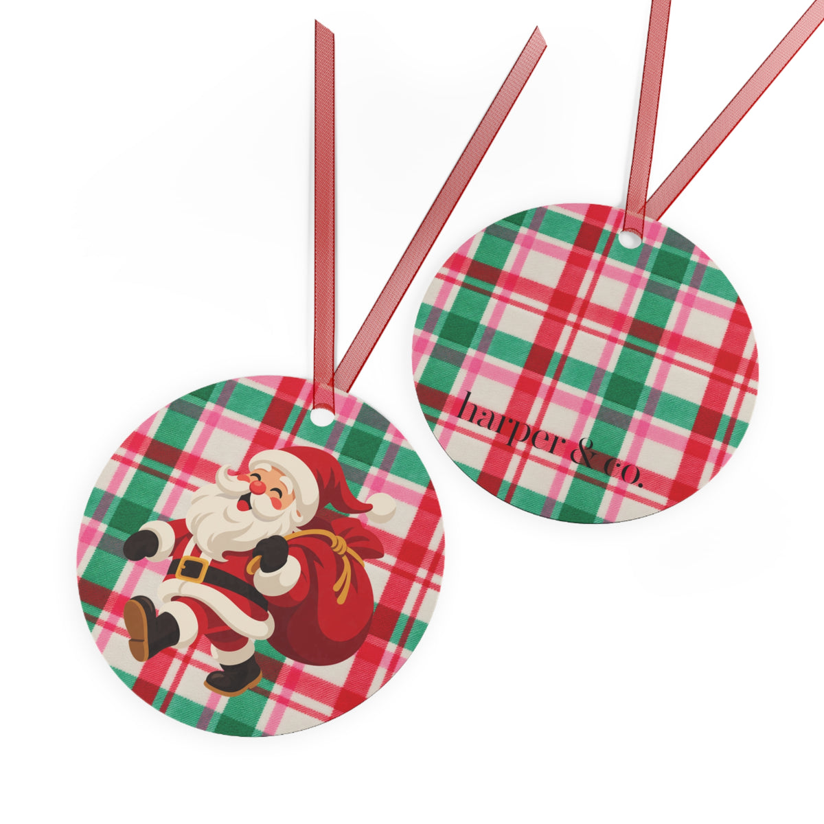 Jingle Bells Plaid Christmas Metal Ornament