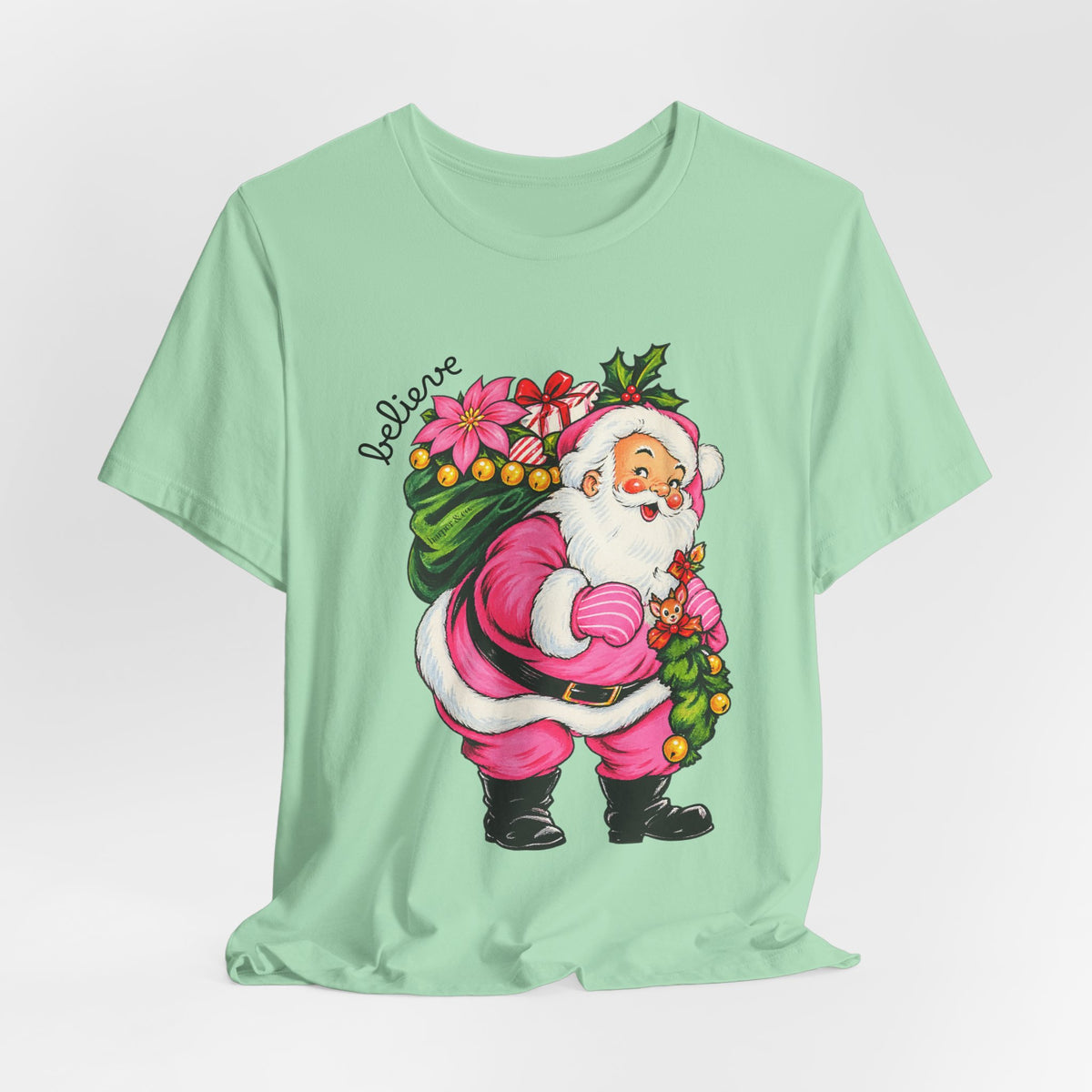 Pink Santa Christmas T-Shirt — Retro Holiday Santa Carrying Poinsettias Tee