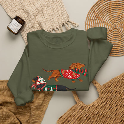 Dachshund Trio Christmas Sweatshirt – Festive Wiener Dogs in Holiday Sweaters