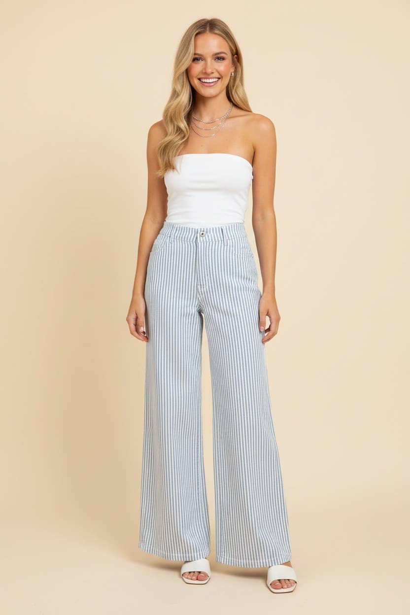 HP40087 High-Rise Wide-Leg Railroad Stripe Pants
