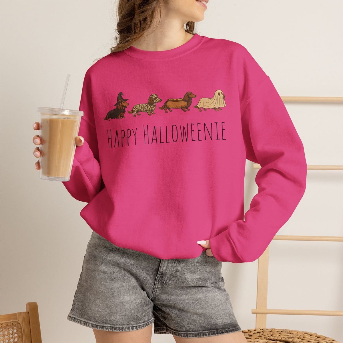Halloween Dachshund Sweatshirt — "Happy Halloweenie" Cute Halloween Dog Crewneck