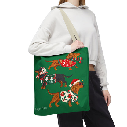 Holiday Dachshund Tote Bag — Christmas Dogs in Festive Sweaters AOP