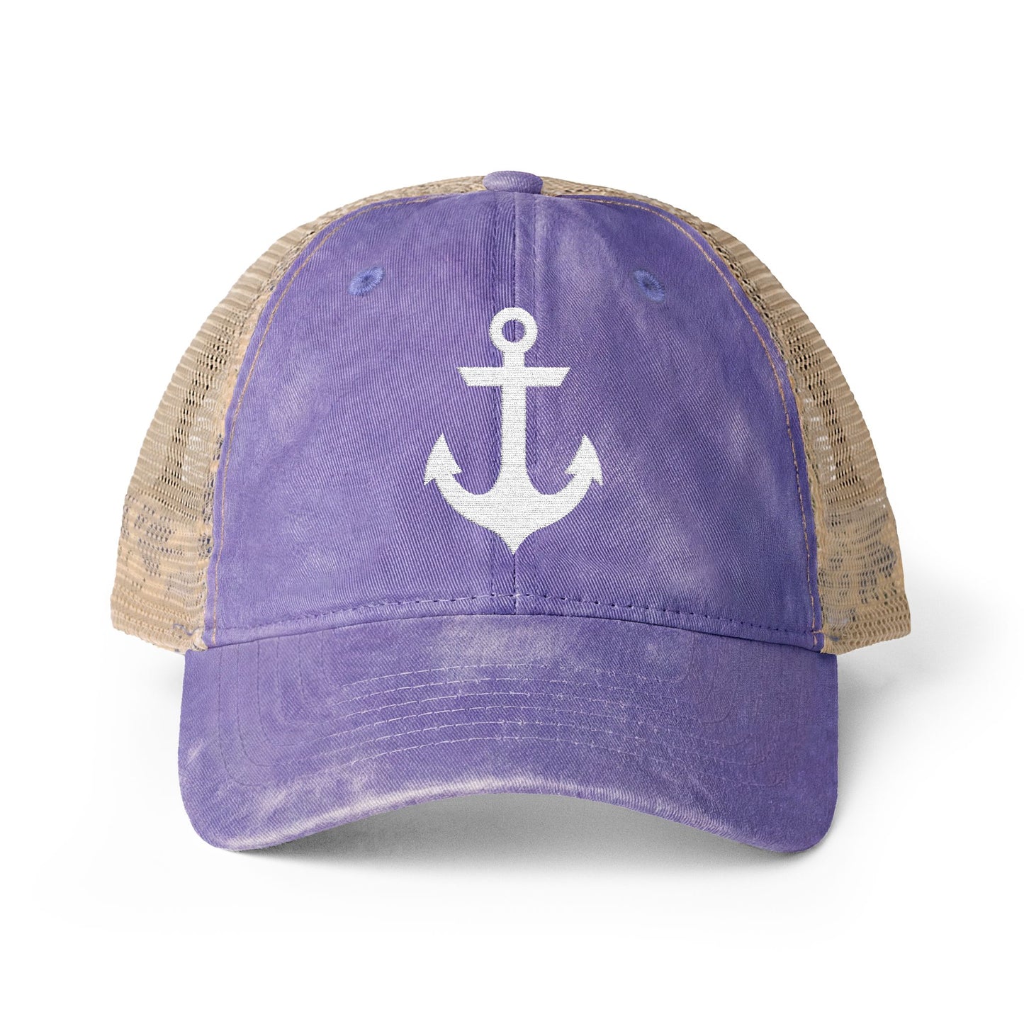 White Anchor Embroidered Women's Washed Mesh-Back Ball Cap