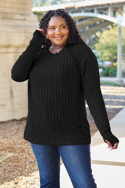 Basic Bae Full Size Ribbed Round Neck Long Sleeve Knit Top Black