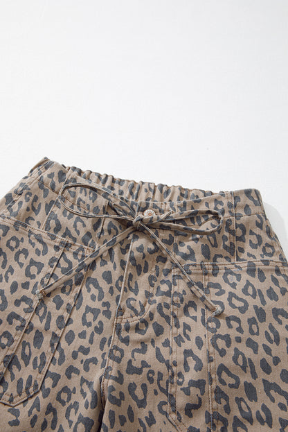 Khaki Leopard Printed Drawstring Elastic Waistband Pocketed Barrel Jeans