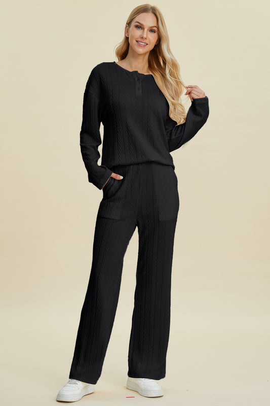 Double Take Full Size Cable-Knit Long Sleeve Top and Pants Set - Multiple Colors