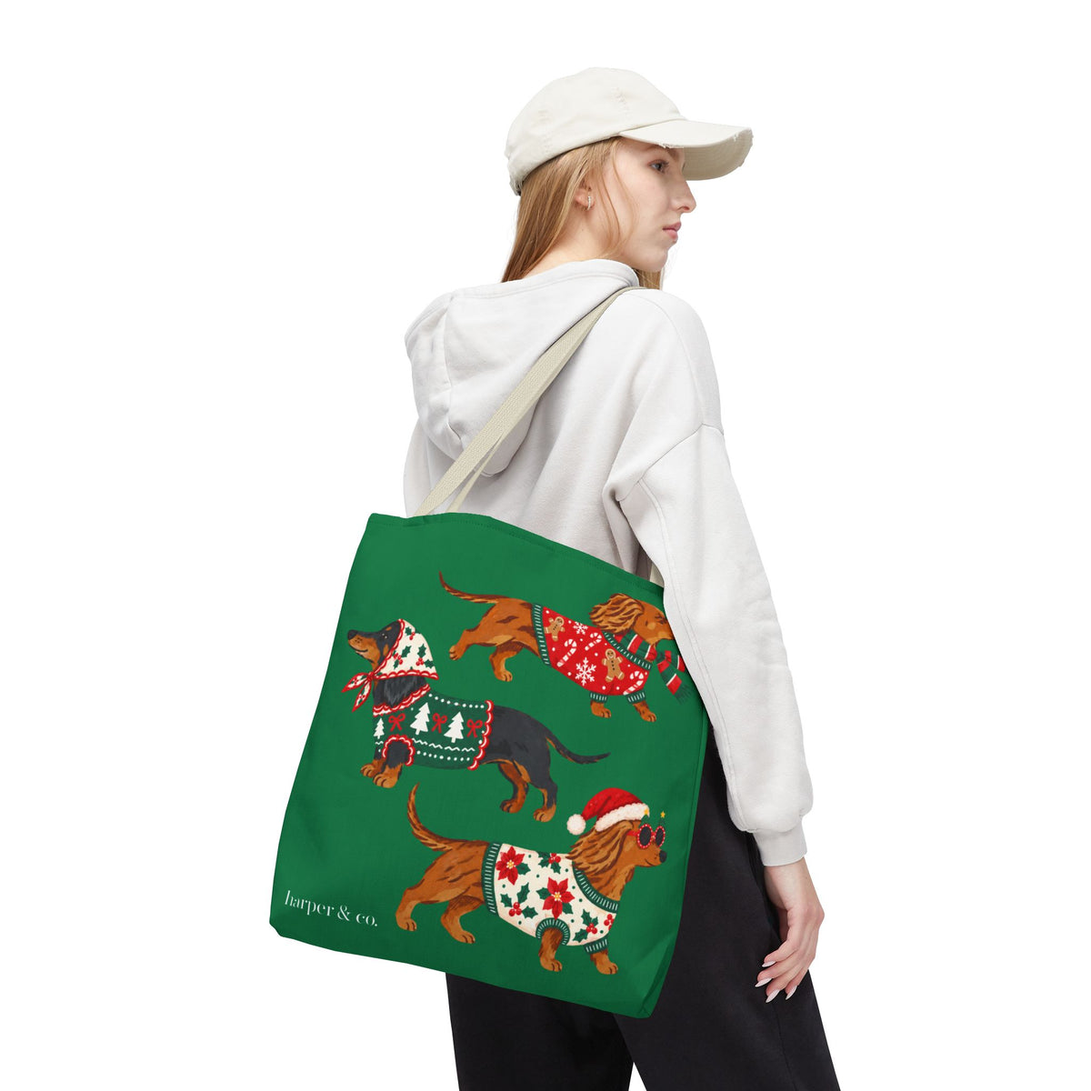 Holiday Dachshund Tote Bag — Christmas Dogs in Festive Sweaters AOP