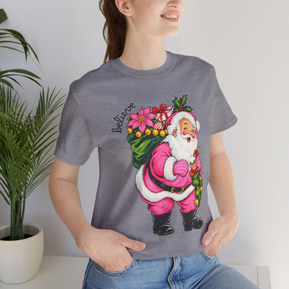 Pink Santa Christmas T-Shirt — Retro Holiday Santa Carrying Poinsettias Tee
