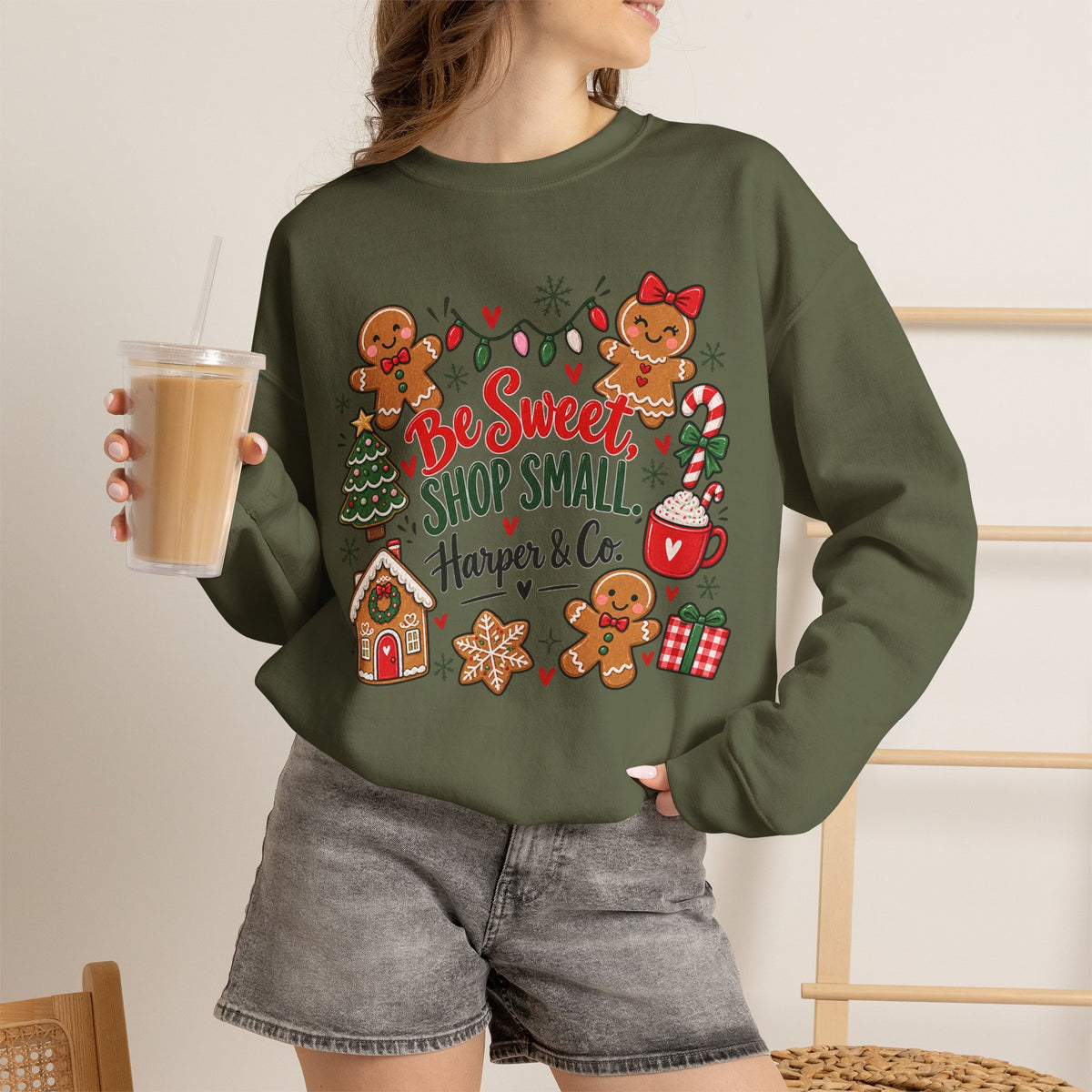 Holiday Sweatshirt — "Be Sweet Shop Small" Cute Gingerbread Christmas Crewneck
