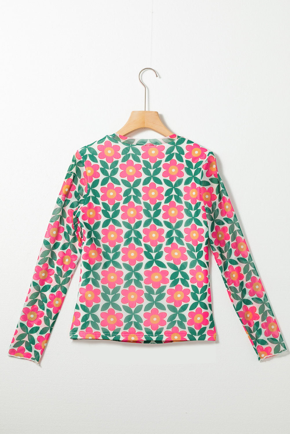 Fiery Red Retro Floral Print Stretchy Mesh Long Sleeve Top