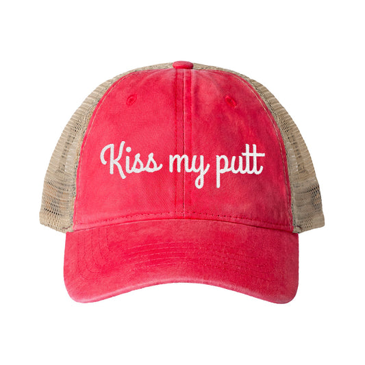 Kiss My Putt Embroidered Women's Washed Mesh-Back Ball Cap