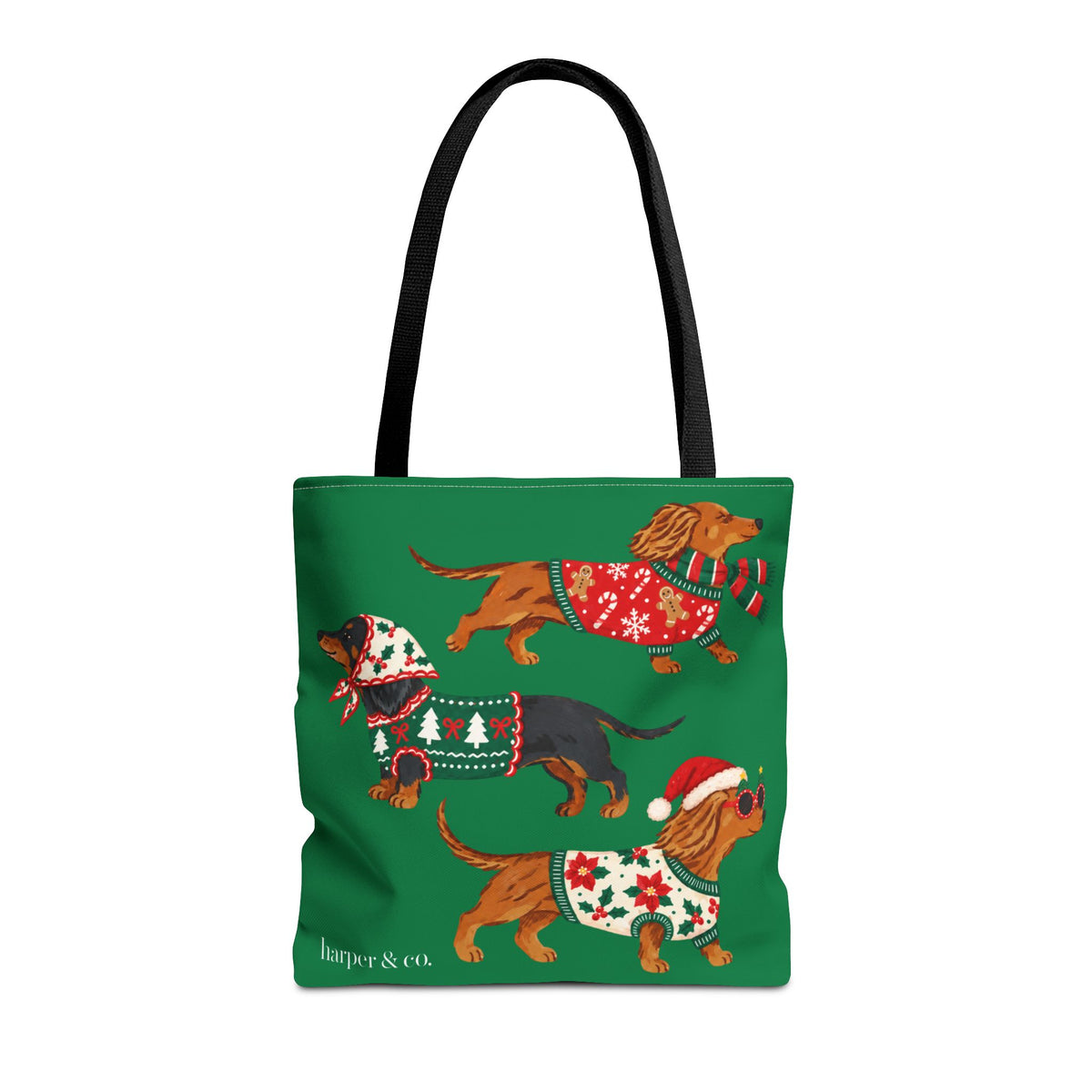 Holiday Dachshund Tote Bag — Christmas Dogs in Festive Sweaters AOP