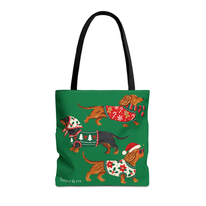 Holiday Dachshund Tote Bag — Christmas Dogs in Festive Sweaters AOP