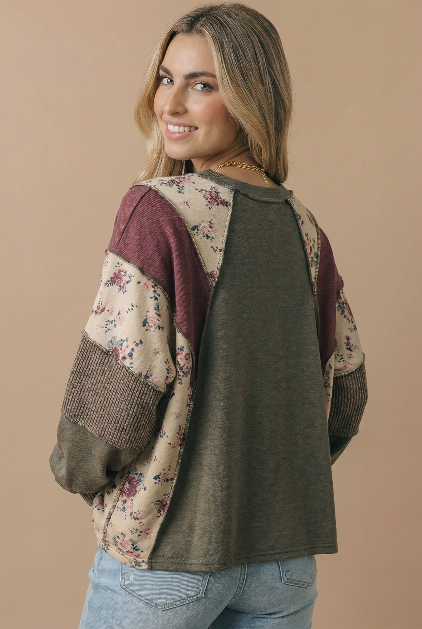 Plus Mixed Media Patchwork Pullover Knit Top