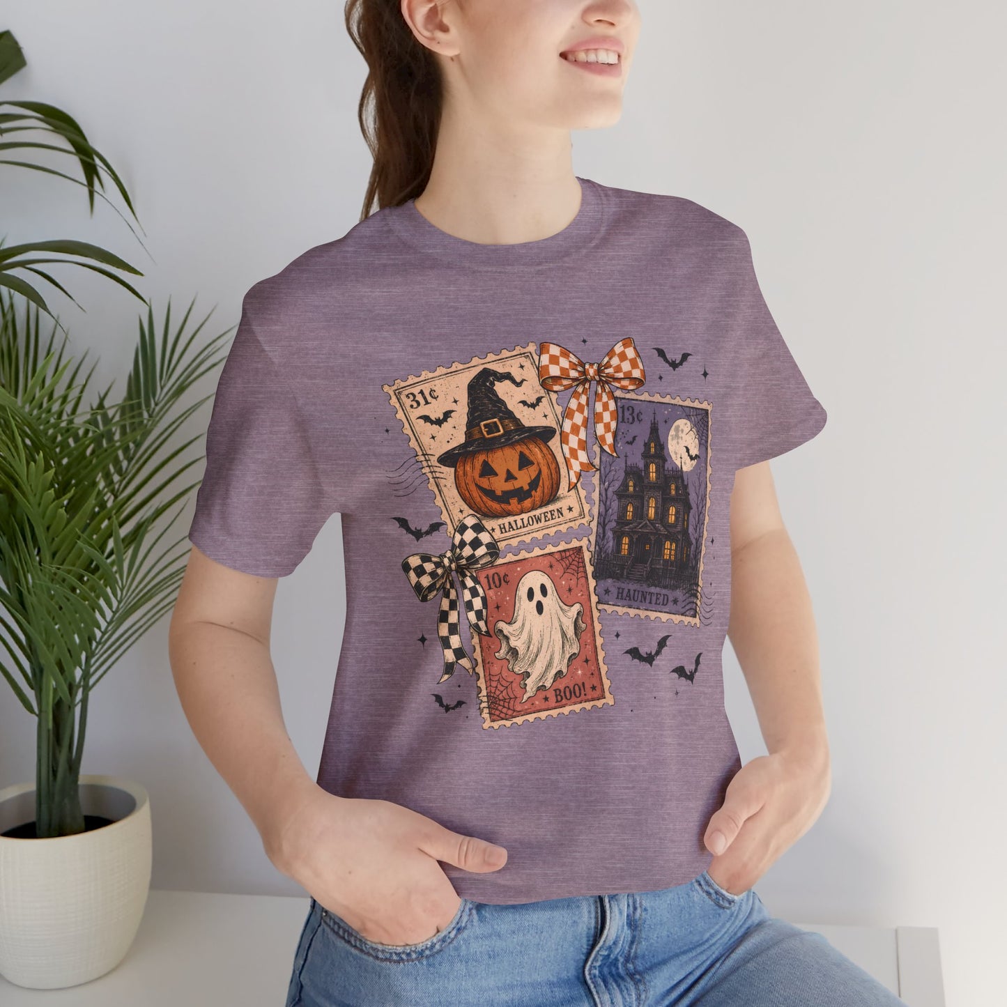 Halloween Stamp Tee — Haunted House, Pumpkin & Ghost Vintage Postage T-Shirt