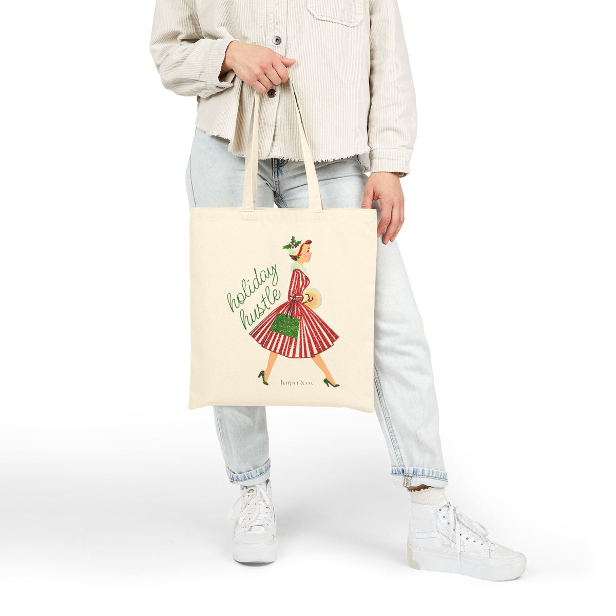 Holiday Hustle Tote Bag — Vintage Woman Carrying Gifts Canvas Tote