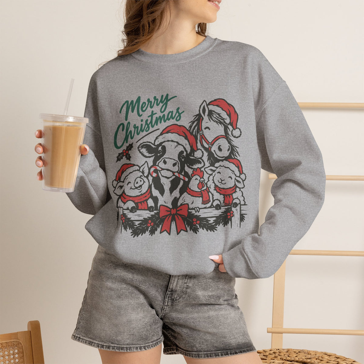 Merry Christmas Vintage Farm Animals Crewneck Sweatshirt