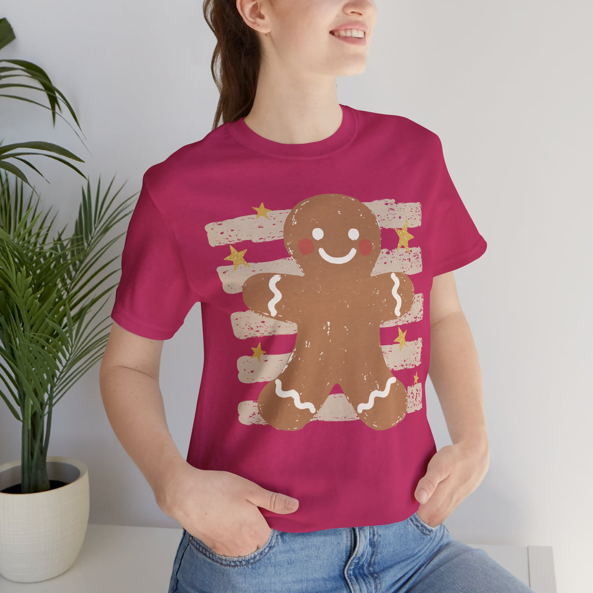 Gingerbread Smile T-Shirt — Retro Striped Christmas Cookie Tee