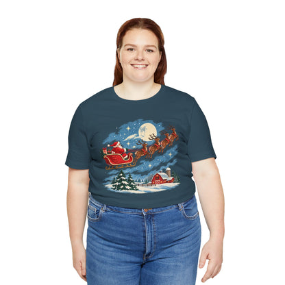 Christmas Tee — Santa Sleigh over Snowy Farm Holiday T‑Shirt