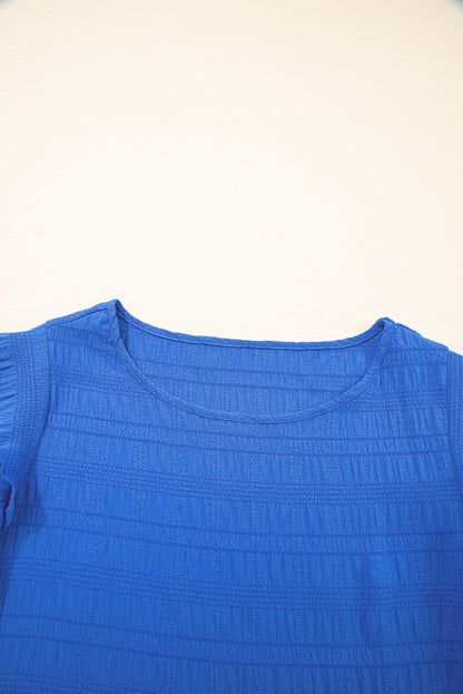 Dark Blue Textured Ruffled Sleeve Round Neck Top