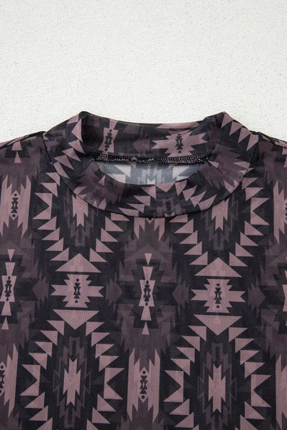 Aztec Print Mock Neck Short Sleeve Mesh T Shirt