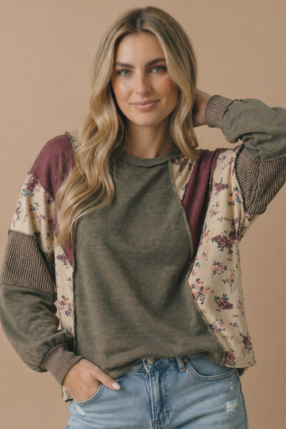 Plus Mixed Media Patchwork Pullover Knit Top