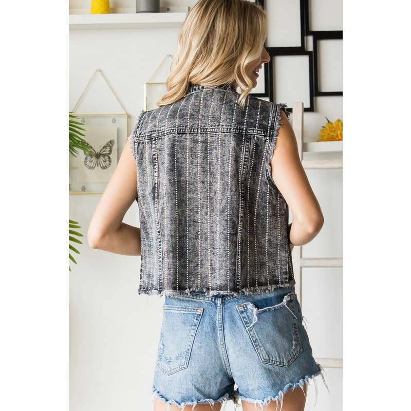 Rhinestone Color Black Wash Denim Vest