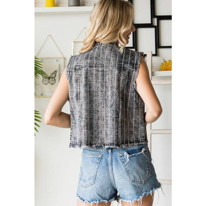 Rhinestone Color Black Wash Denim Vest