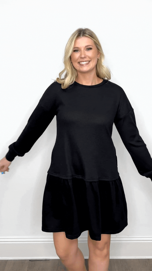Waffle Knit Long-Sleeve Dress, Black