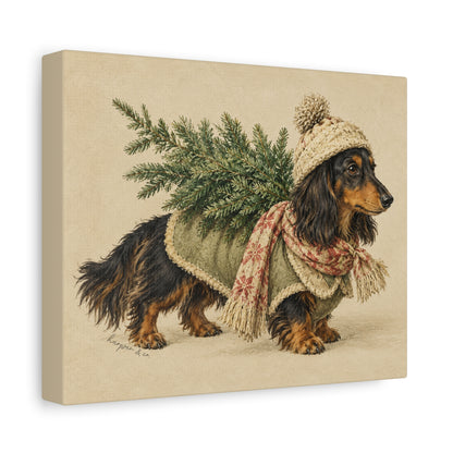 Christmas Dachshund Carrying Tree Canvas Wall Art