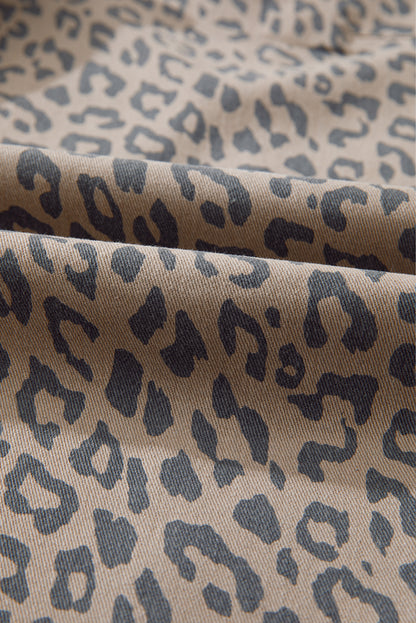 Khaki Leopard Printed Drawstring Elastic Waistband Pocketed Barrel Jeans