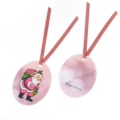 Pink Santa Christmas Metal Ornament