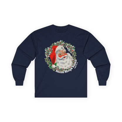 Vintage Santa Wreath Long Sleeve Tee — "Santa Shops Small" Christmas Shirt